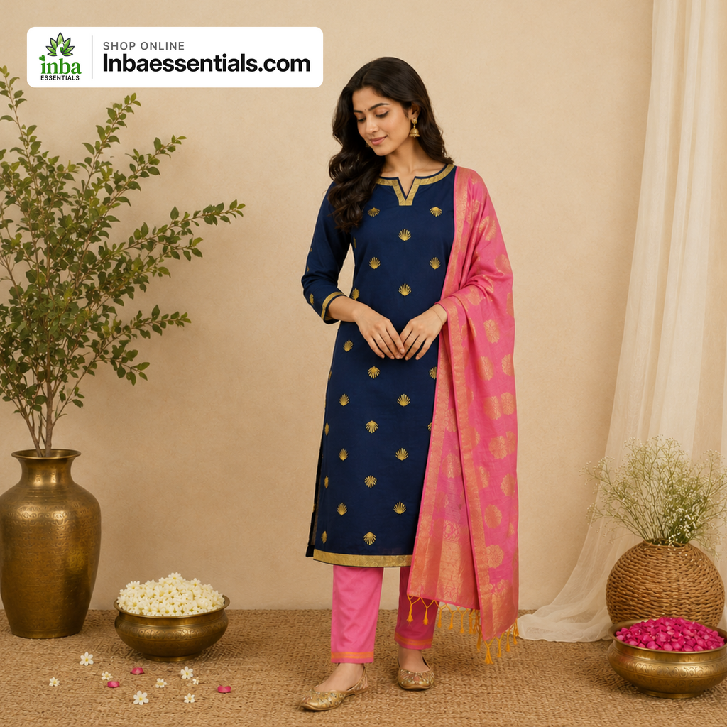 Navy Blue & Pink Contrast Chudithar