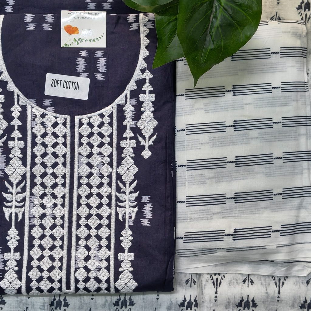 Navy Blue White Embroidered Chudithar