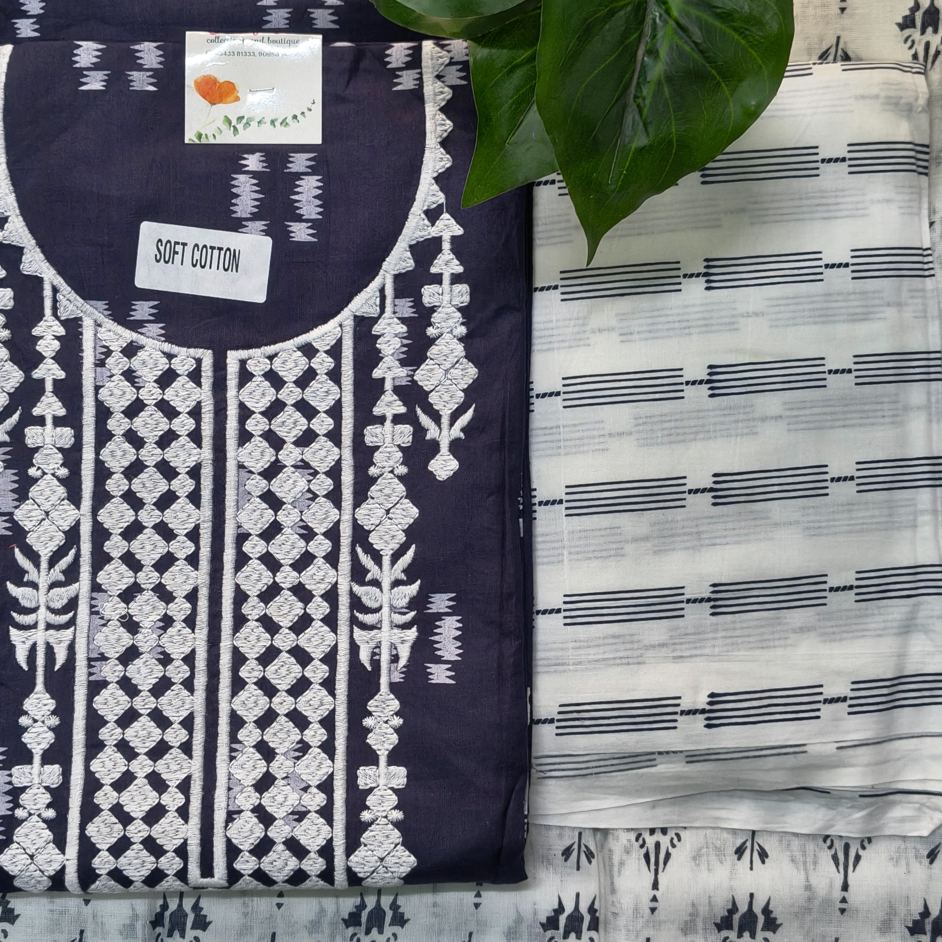 Navy Blue White Embroidered Chudithar